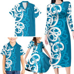 Azure Blue Maori Family Matching Long Sleeve Bodycon Dress and Hawaiian Shirt Koru Kowhaiwhai - Aussie Hoodie