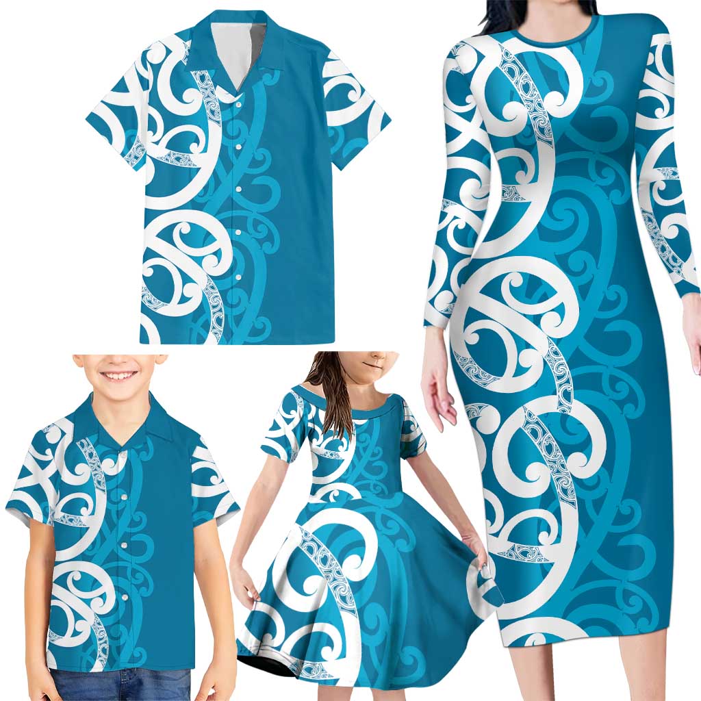 Azure Blue Maori Family Matching Long Sleeve Bodycon Dress and Hawaiian Shirt Koru Kowhaiwhai - Aussie Hoodie