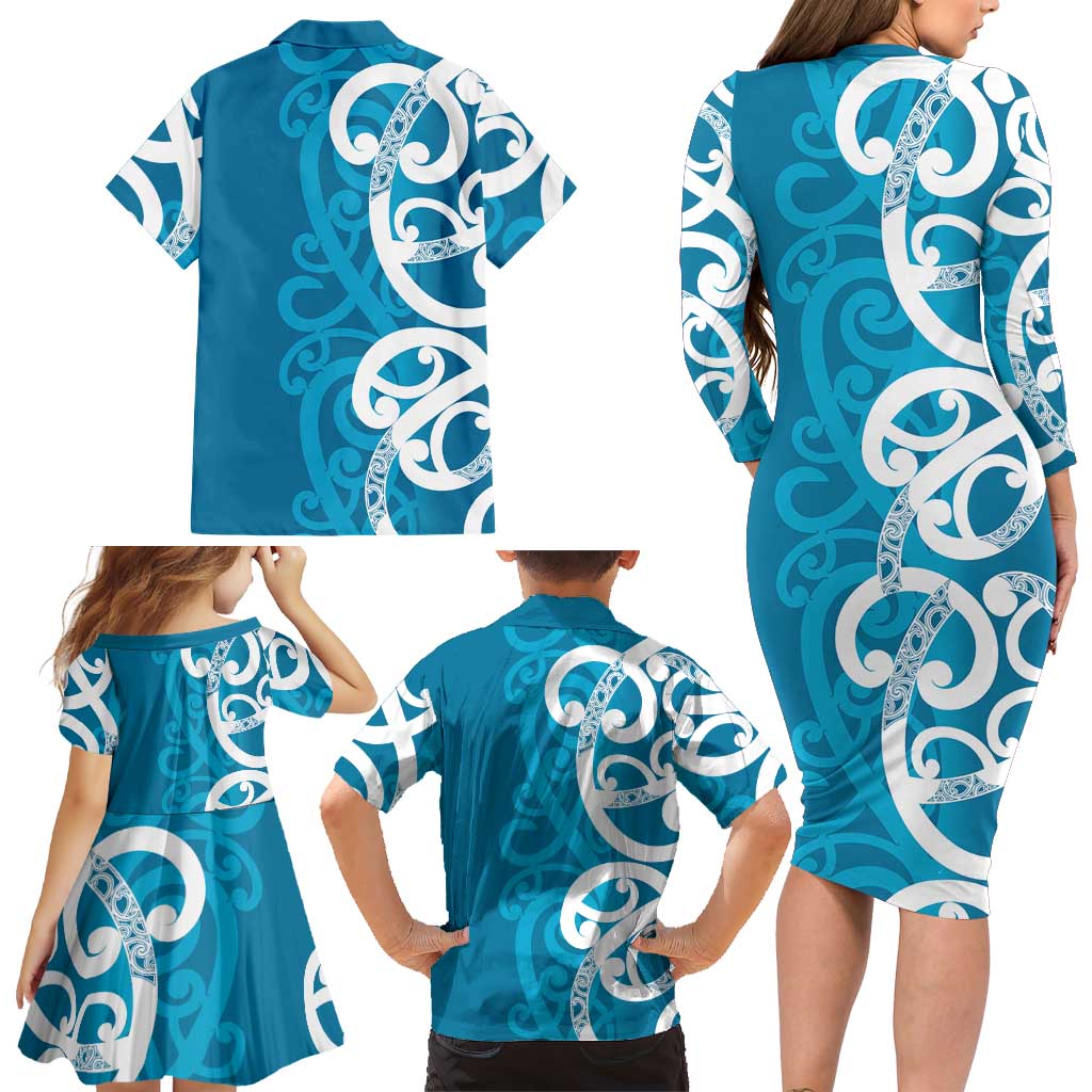 Azure Blue Maori Family Matching Long Sleeve Bodycon Dress and Hawaiian Shirt Koru Kowhaiwhai - Aussie Hoodie