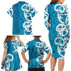 Azure Blue Maori Family Matching Long Sleeve Bodycon Dress and Hawaiian Shirt Koru Kowhaiwhai - Aussie Hoodie