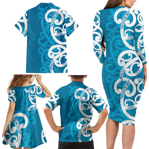 Azure Blue Maori Family Matching Long Sleeve Bodycon Dress and Hawaiian Shirt Koru Kowhaiwhai - Aussie Hoodie