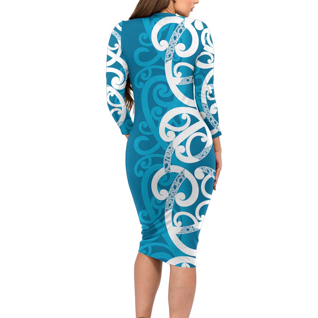 Azure Blue Maori Family Matching Long Sleeve Bodycon Dress and Hawaiian Shirt Koru Kowhaiwhai - Aussie Hoodie