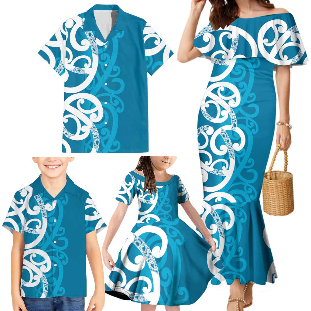 Azure Blue Maori Family Matching Mermaid Dress and Hawaiian Shirt Koru Kowhaiwhai - Aussie Hoodie