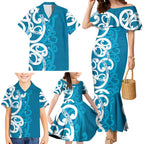 Azure Blue Maori Family Matching Mermaid Dress and Hawaiian Shirt Koru Kowhaiwhai - Aussie Hoodie
