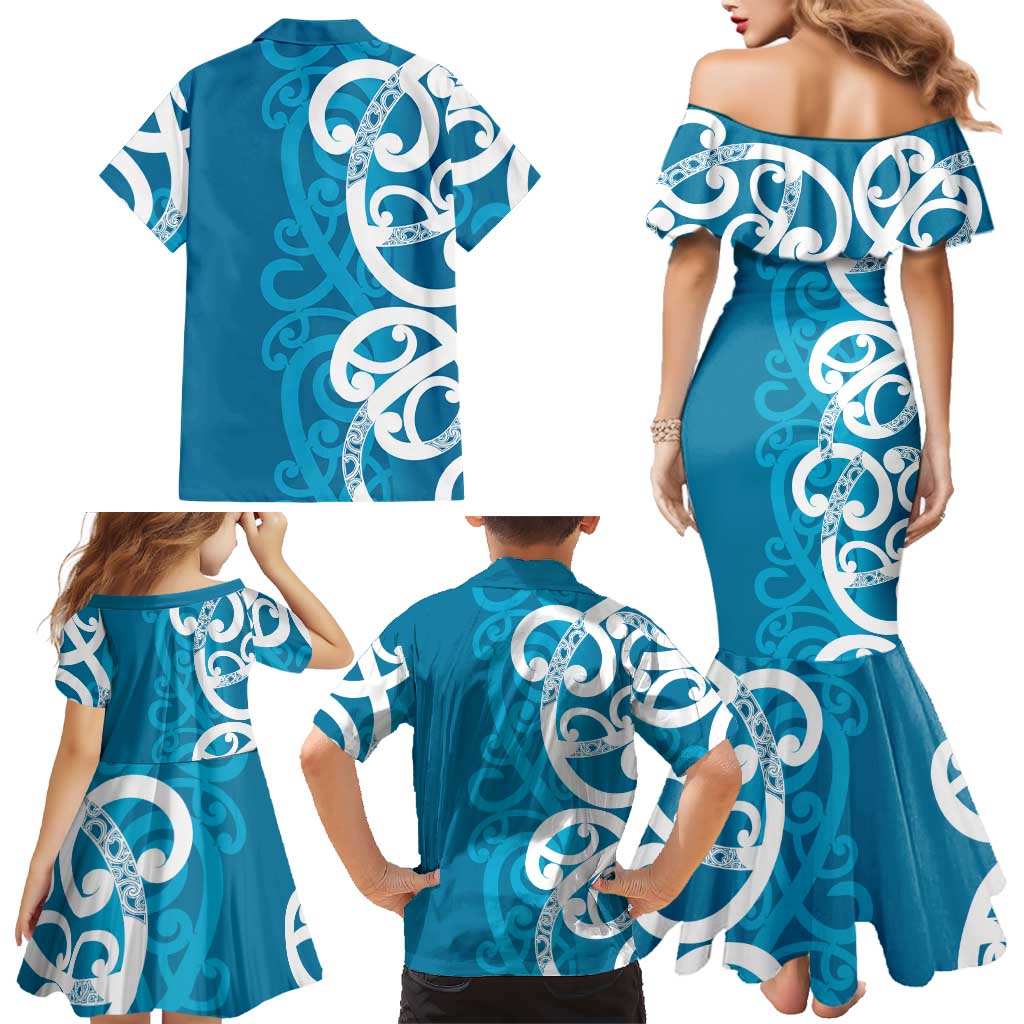 Azure Blue Maori Family Matching Mermaid Dress and Hawaiian Shirt Koru Kowhaiwhai - Aussie Hoodie
