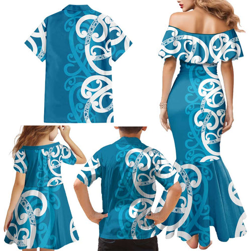 Azure Blue Maori Family Matching Mermaid Dress and Hawaiian Shirt Koru Kowhaiwhai - Aussie Hoodie
