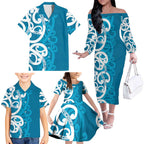 Azure Blue Maori Family Matching Off The Shoulder Long Sleeve Dress and Hawaiian Shirt Koru Kowhaiwhai - Aussie Hoodie