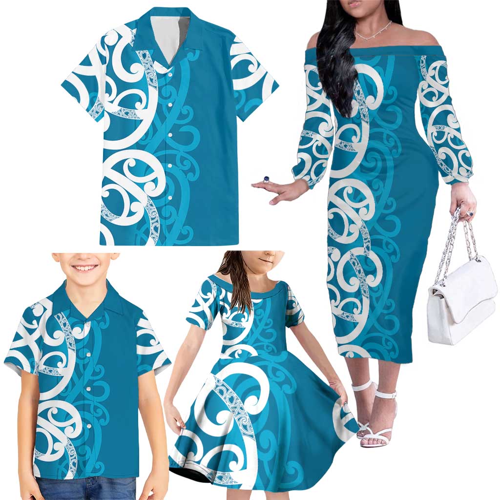 Azure Blue Maori Family Matching Off The Shoulder Long Sleeve Dress and Hawaiian Shirt Koru Kowhaiwhai - Aussie Hoodie