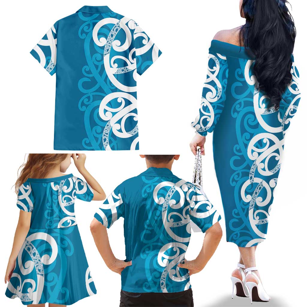 Azure Blue Maori Family Matching Off The Shoulder Long Sleeve Dress and Hawaiian Shirt Koru Kowhaiwhai - Aussie Hoodie