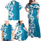 Azure Blue Maori Family Matching Off Shoulder Maxi Dress and Hawaiian Shirt Koru Kowhaiwhai - Aussie Hoodie