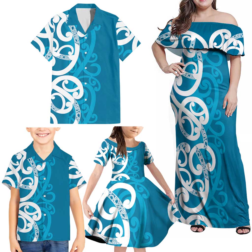 Azure Blue Maori Family Matching Off Shoulder Maxi Dress and Hawaiian Shirt Koru Kowhaiwhai - Aussie Hoodie