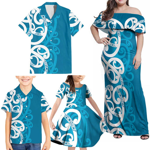 Azure Blue Maori Family Matching Off Shoulder Maxi Dress and Hawaiian Shirt Koru Kowhaiwhai - Aussie Hoodie