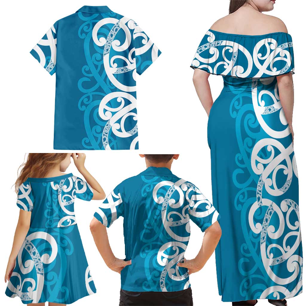 Azure Blue Maori Family Matching Off Shoulder Maxi Dress and Hawaiian Shirt Koru Kowhaiwhai - Aussie Hoodie