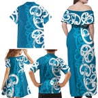 Azure Blue Maori Family Matching Off Shoulder Maxi Dress and Hawaiian Shirt Koru Kowhaiwhai - Aussie Hoodie