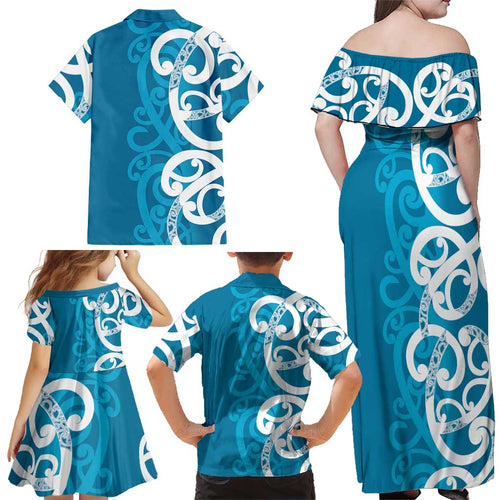 Azure Blue Maori Family Matching Off Shoulder Maxi Dress and Hawaiian Shirt Koru Kowhaiwhai - Aussie Hoodie