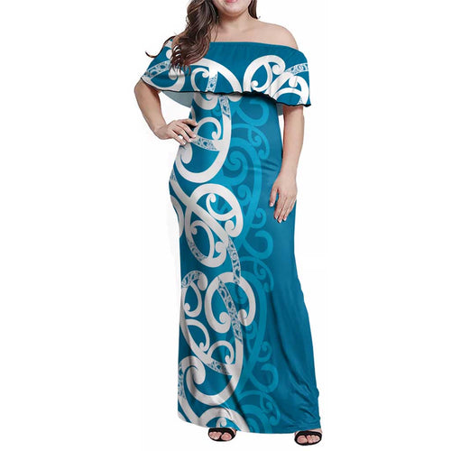 Azure Blue Maori Family Matching Off Shoulder Maxi Dress and Hawaiian Shirt Koru Kowhaiwhai - Aussie Hoodie