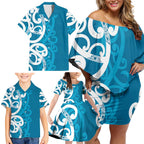 Azure Blue Maori Family Matching Off Shoulder Short Dress and Hawaiian Shirt Koru Kowhaiwhai - Aussie Hoodie
