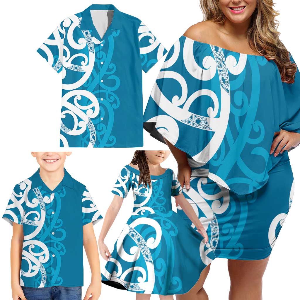 Azure Blue Maori Family Matching Off Shoulder Short Dress and Hawaiian Shirt Koru Kowhaiwhai - Aussie Hoodie