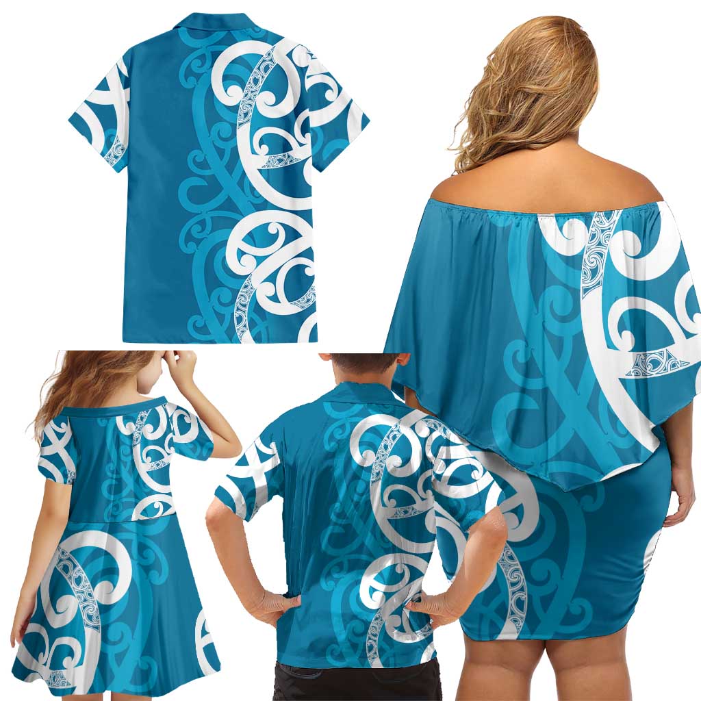 Azure Blue Maori Family Matching Off Shoulder Short Dress and Hawaiian Shirt Koru Kowhaiwhai - Aussie Hoodie