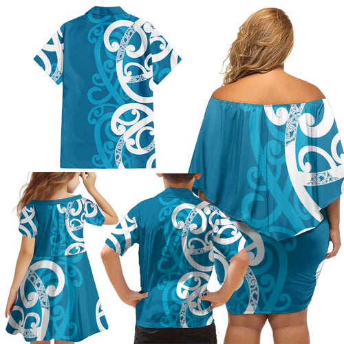 Azure Blue Maori Family Matching Off Shoulder Short Dress and Hawaiian Shirt Koru Kowhaiwhai - Aussie Hoodie