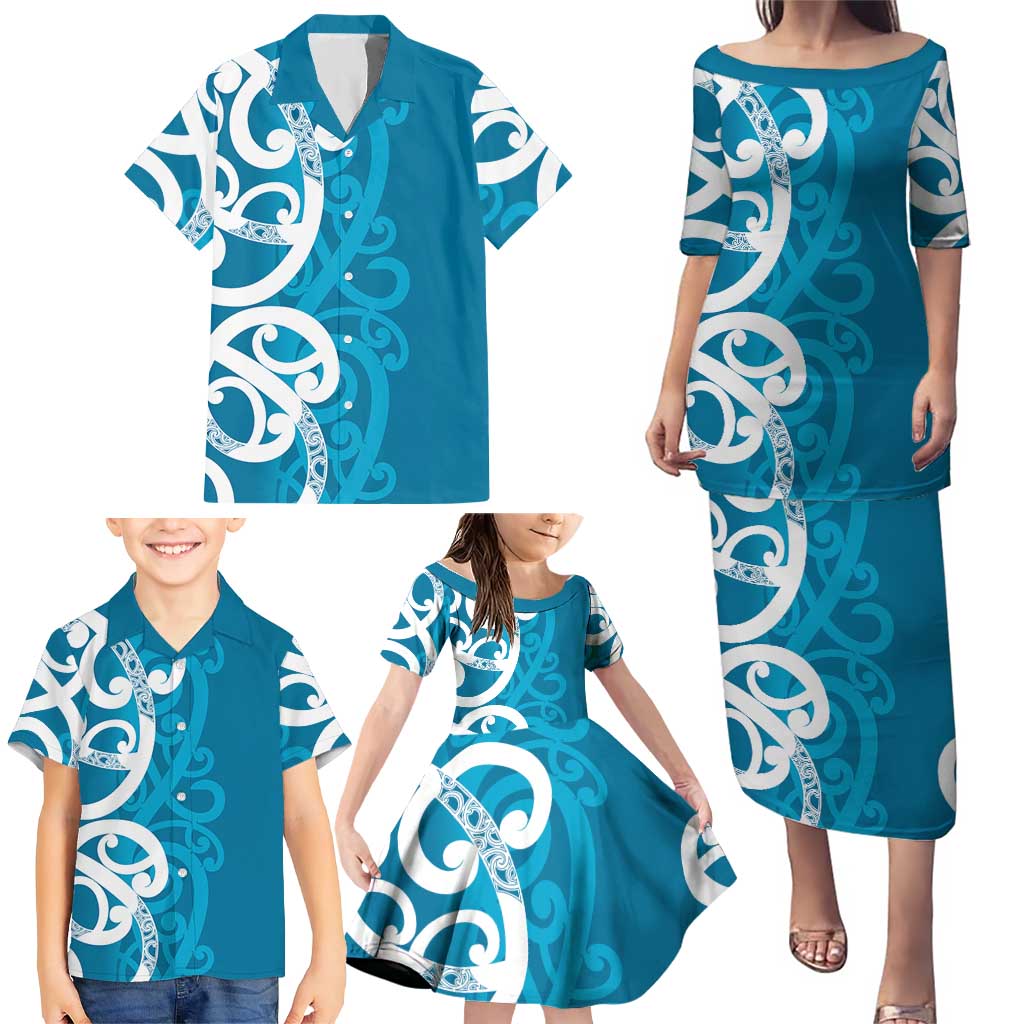 Azure Blue Maori Family Matching Puletasi and Hawaiian Shirt Koru Kowhaiwhai - Aussie Hoodie