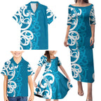 Azure Blue Maori Family Matching Puletasi and Hawaiian Shirt Koru Kowhaiwhai - Aussie Hoodie