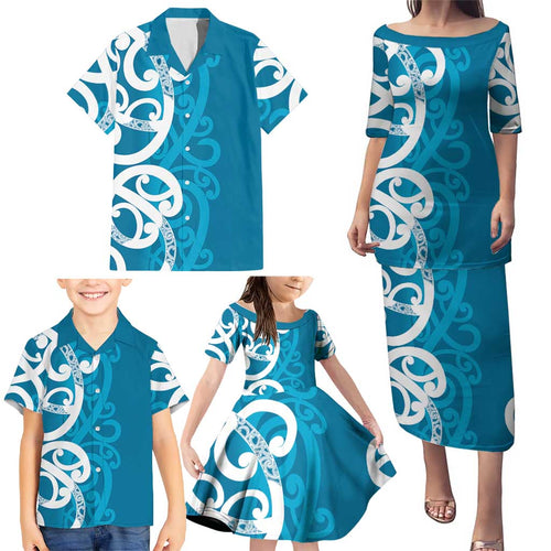 Azure Blue Maori Family Matching Puletasi and Hawaiian Shirt Koru Kowhaiwhai - Aussie Hoodie