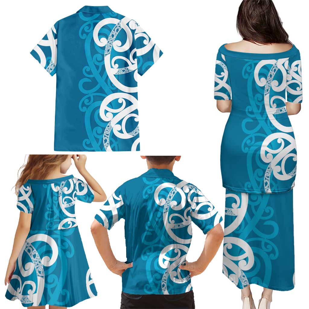 Azure Blue Maori Family Matching Puletasi and Hawaiian Shirt Koru Kowhaiwhai - Aussie Hoodie