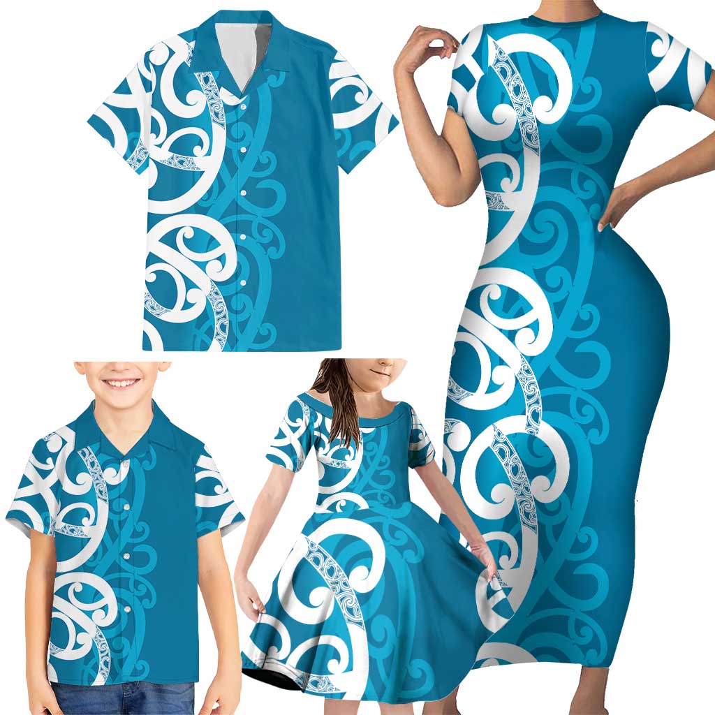 Azure Blue Maori Family Matching Short Sleeve Bodycon Dress and Hawaiian Shirt Koru Kowhaiwhai - Aussie Hoodie