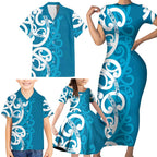 Azure Blue Maori Family Matching Short Sleeve Bodycon Dress and Hawaiian Shirt Koru Kowhaiwhai - Aussie Hoodie
