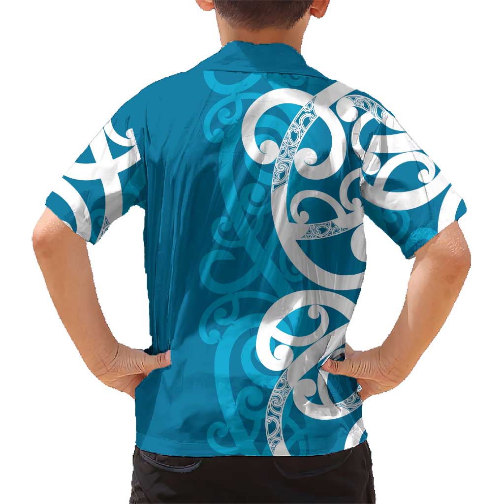 Azure Blue Maori Family Matching Short Sleeve Bodycon Dress and Hawaiian Shirt Koru Kowhaiwhai - Aussie Hoodie