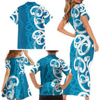 Azure Blue Maori Family Matching Short Sleeve Bodycon Dress and Hawaiian Shirt Koru Kowhaiwhai - Aussie Hoodie