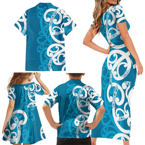 Azure Blue Maori Family Matching Short Sleeve Bodycon Dress and Hawaiian Shirt Koru Kowhaiwhai - Aussie Hoodie