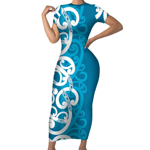 Azure Blue Maori Family Matching Short Sleeve Bodycon Dress and Hawaiian Shirt Koru Kowhaiwhai - Aussie Hoodie