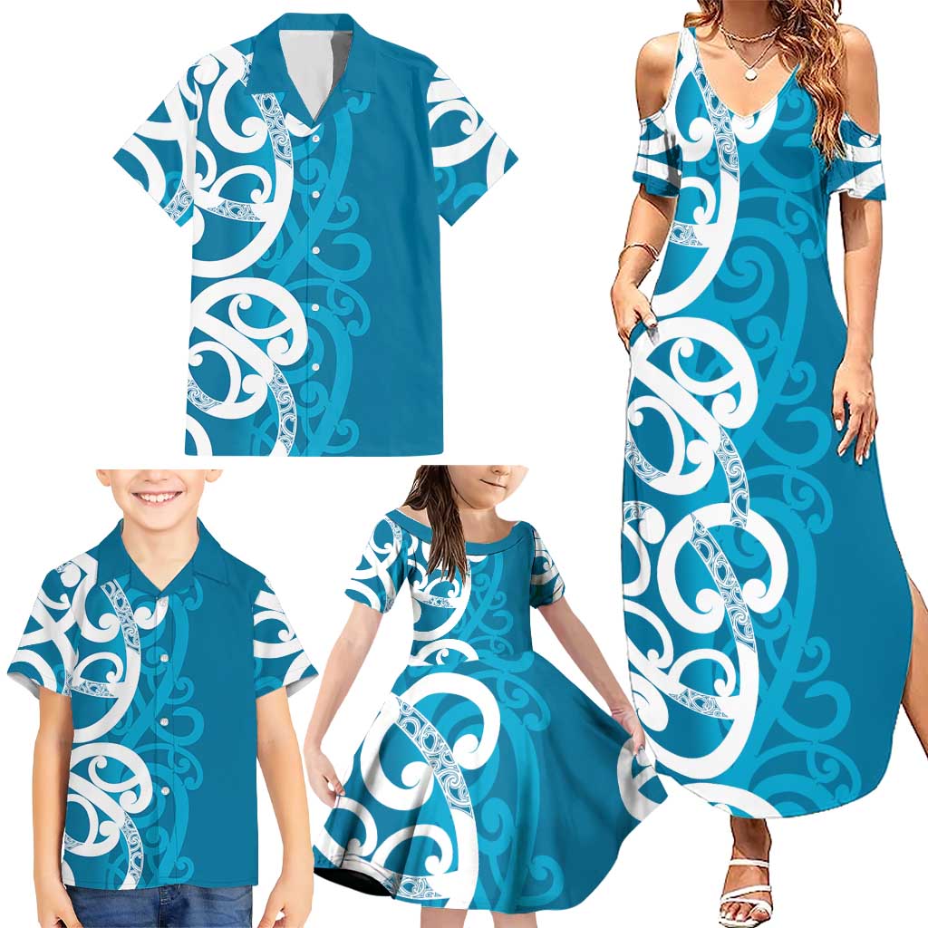 Azure Blue Maori Family Matching Summer Maxi Dress and Hawaiian Shirt Koru Kowhaiwhai - Aussie Hoodie