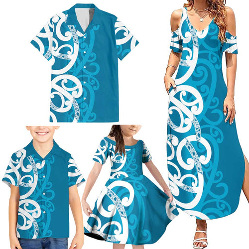 Azure Blue Maori Family Matching Summer Maxi Dress and Hawaiian Shirt Koru Kowhaiwhai - Aussie Hoodie