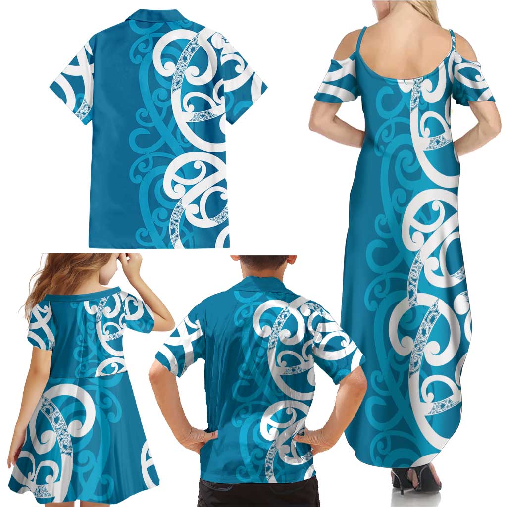 Azure Blue Maori Family Matching Summer Maxi Dress and Hawaiian Shirt Koru Kowhaiwhai - Aussie Hoodie