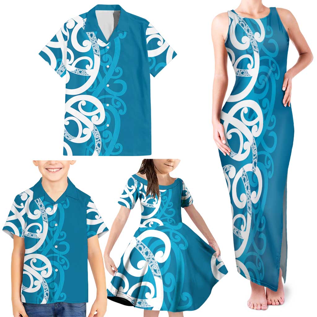 Azure Blue Maori Family Matching Tank Maxi Dress and Hawaiian Shirt Koru Kowhaiwhai - Aussie Hoodie