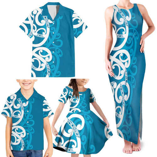 Azure Blue Maori Family Matching Tank Maxi Dress and Hawaiian Shirt Koru Kowhaiwhai - Aussie Hoodie