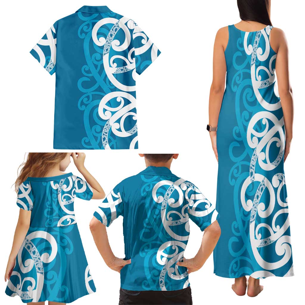 Azure Blue Maori Family Matching Tank Maxi Dress and Hawaiian Shirt Koru Kowhaiwhai - Aussie Hoodie