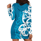 Azure Blue Maori Hoodie Dress Koru Kowhaiwhai - Aussie Hoodie