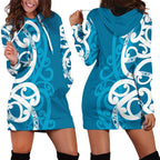 Azure Blue Maori Hoodie Dress Koru Kowhaiwhai - Aussie Hoodie