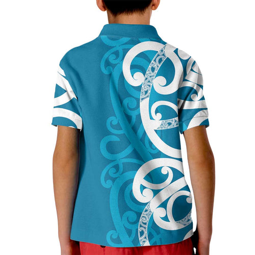 Azure Blue Maori Kid Polo Shirt Koru Kowhaiwhai - Aussie Hoodie