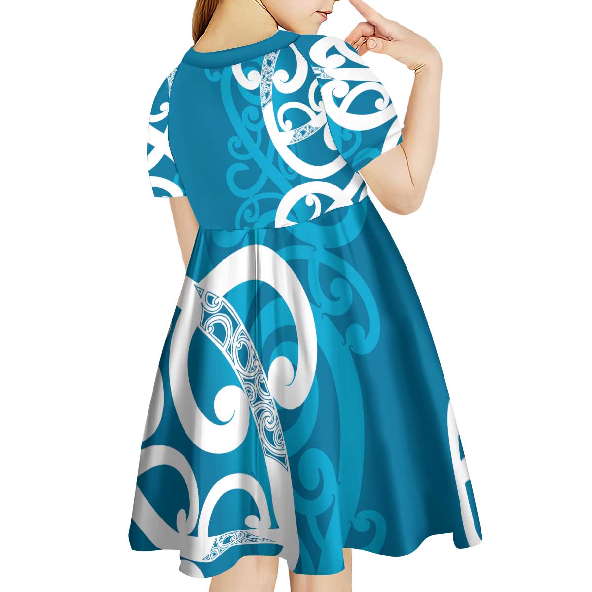 Azure Blue Maori Kid Short Sleeve Dress Koru Kowhaiwhai - Aussie Hoodie