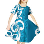 Azure Blue Maori Kid Short Sleeve Dress Koru Kowhaiwhai - Aussie Hoodie