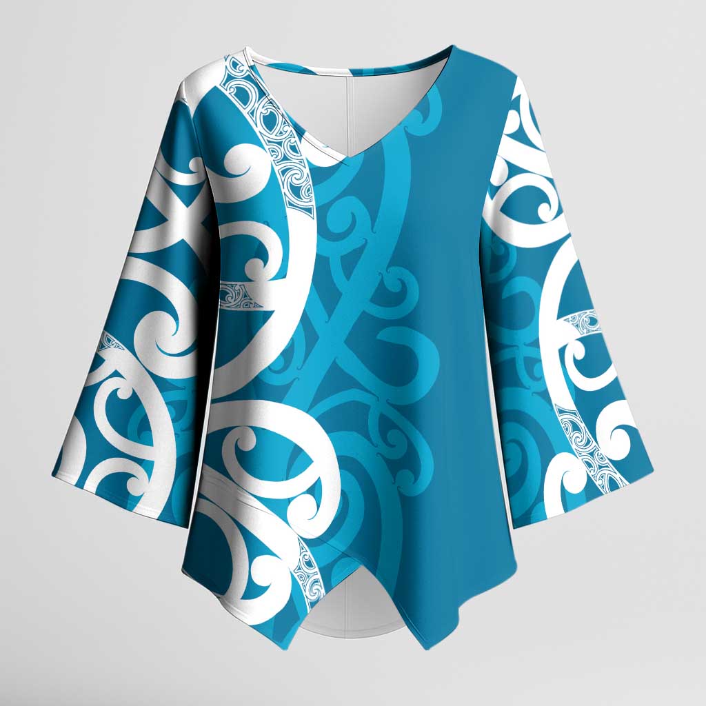 Azure Blue Maori Kimono Sleeve Blouse Koru Kowhaiwhai - Aussie Hoodie