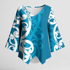 Azure Blue Maori Kimono Sleeve Blouse Koru Kowhaiwhai - Aussie Hoodie