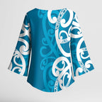 Azure Blue Maori Kimono Sleeve Blouse Koru Kowhaiwhai - Aussie Hoodie