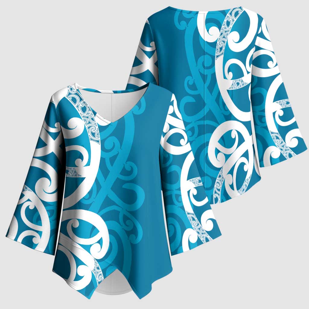 Azure Blue Maori Kimono Sleeve Blouse Koru Kowhaiwhai - Aussie Hoodie