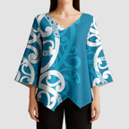 Azure Blue Maori Kimono Sleeve Blouse Koru Kowhaiwhai - Aussie Hoodie